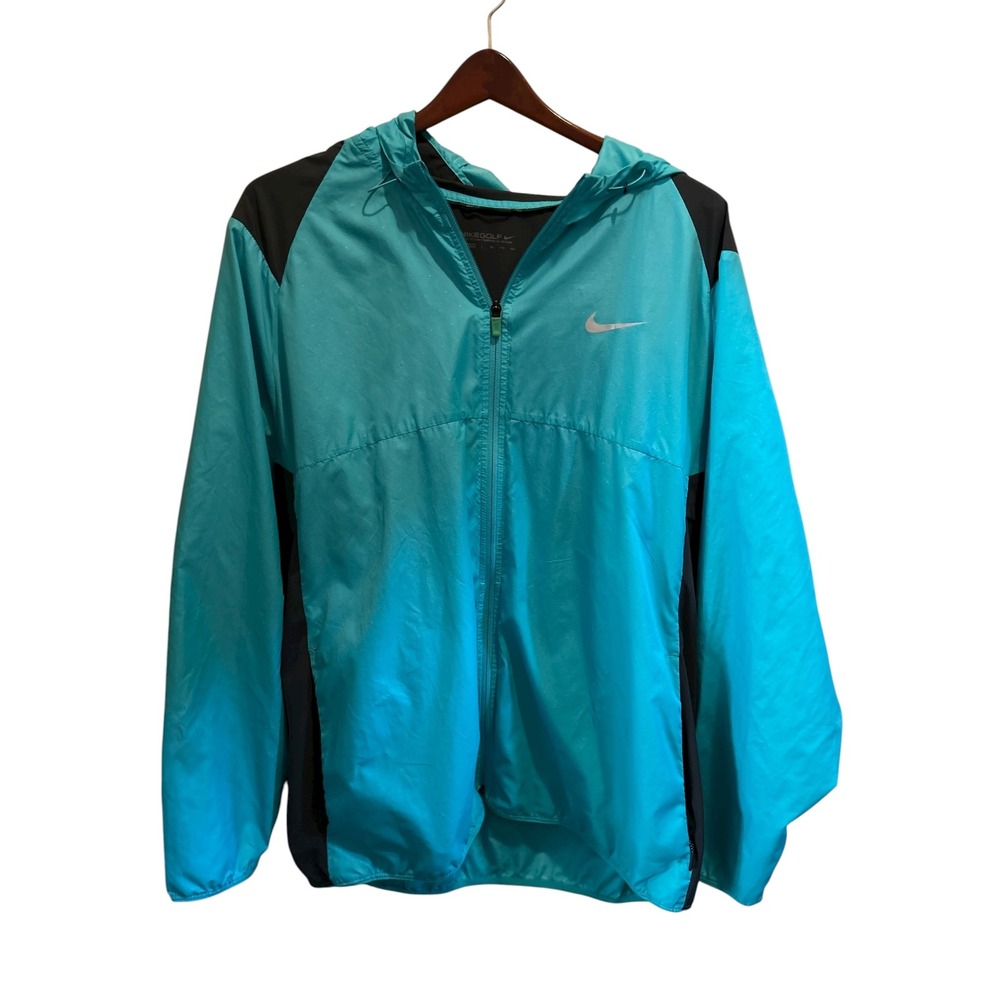 Nike Golf Windbreaker Jacket Hooded Mens Full Zip Black‎ Turquoise Lightweight